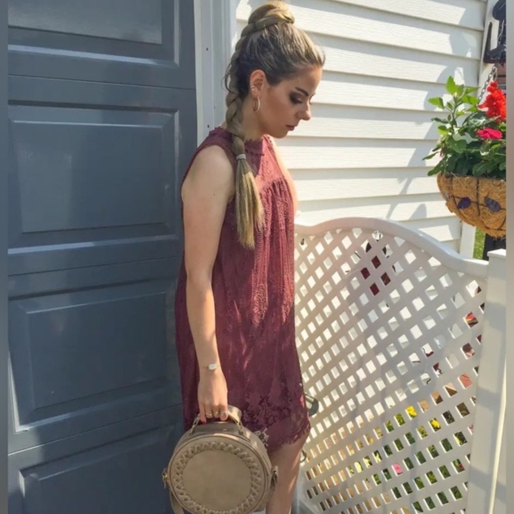 Lace Practical Magic Burgundy Maroon Sleeveless Brunch Modest Baby Doll Dress - Picture 10 of 13